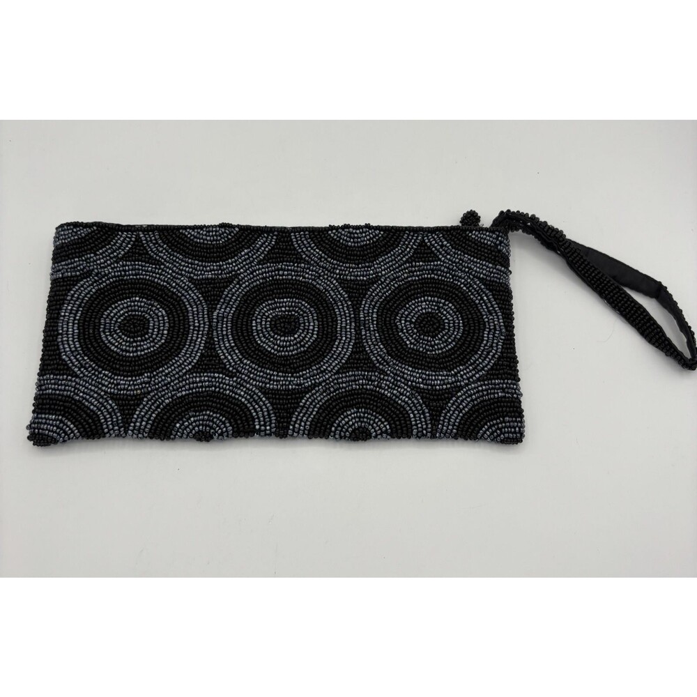 Beaded Glass Wristlet Clutch Zip Bag Black Silver Circles 8.5" x 4"